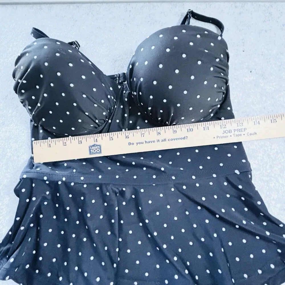 UNIQUE VINTAGE SWIM Women’s L 2 Pc Swimsuit Black White Dotted Retro Flare